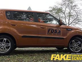 Fake Driving School nervous black teen filled up by her teacher in the car