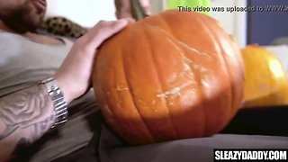 Stepdad and stepson fuck pumpkins on halloween