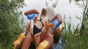 Alla fucks a big rare inflatable griffin while swimming on it on the lake!!!