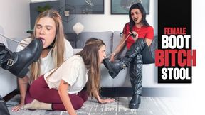 Boot worship training female slave - Mistress Enola - Leashed fem sub , boots worship, licking and used as a footstool 4K