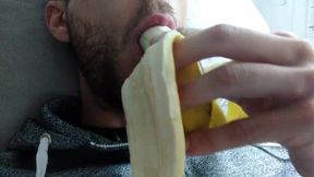 She begs for his cock so she slurps banana with sensual mouth