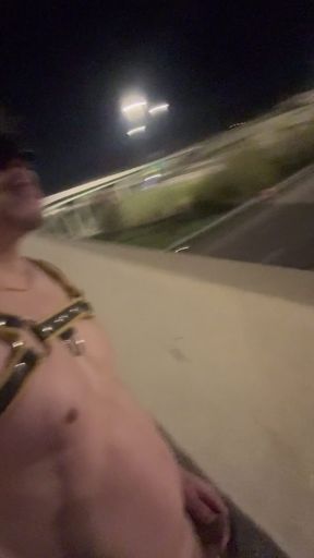 Nighttime Muscle King: Asian Hunk in Leather Harness & Jockstrap Owns the Empty Streets