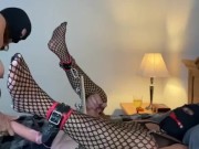 Femdom pegging sub in spreader bar till he cums