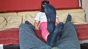 Hard ballbusting in stinky socks with hot amateur feet