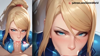 Samus Aran surprises with her cock sucking skills!