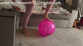 Nastya in tight leggings, bossa - jumping on a fitness ball, then putting on sneakers and trampling on it, jumping, butt, legs