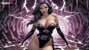 Purple-haired Psilocke gags hard while big tits squeeze and cum explodes AI Generated