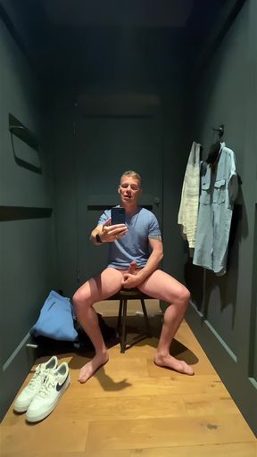 Risky Fitting Room Wank: Next Cubicle Guy Hears Me Cumming - Huge Cumshot