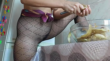 Sexy Hairy Housewife In Nylon Pantyhose Preparing Food In The Kitchen