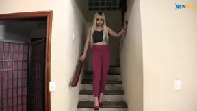 Milf with blonde bombshell hair gives a sloppy tongue bath to her man's