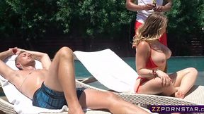 Blonde wife takes on two men outdoors
