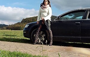 Old smoking Tranny masturbating outside