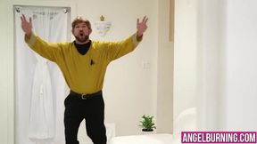 Horny star trek fans having a hardcore banging on a sofa