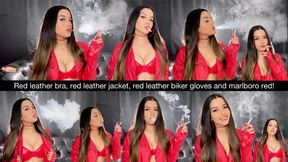 Red leather bra, red leather jacket, red leather biker gloves, Marlboro Red and smoker’s cough!