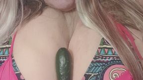 CupKCindy in a pink dress she is showing off her big boobs playing with them and masturbating with a zucchini