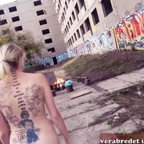 German blonde with small tits and tattoos during an outdoor sex date