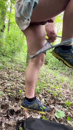Bubble butt shy closeted sissy changes out of yucky boy clothes into a thong and bra in public -woods