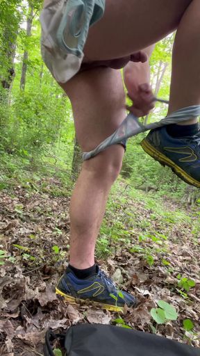 Bubble butt shy closeted sissy changes out of yucky boy clothes into a thong and bra in public -woods