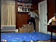 black tights & mask with crop top humping air pillow 1990's VHS quality