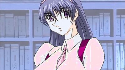 Watch as this anime babe shakes her massive tits while taking two hard cocks at once!