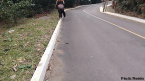 My stepmother in transparent pants without panties showing off on the street.