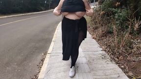My stepmother in transparent pants without panties showing off on the street.