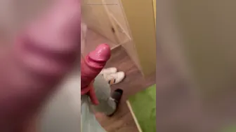 Uncut guy jerks his big cock and cums on a mirror