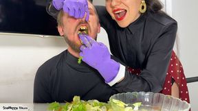 Purple Gloved Feeder Overfills His Mouth with Salad (Full Video, No Blur)