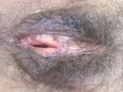 I show off my big hairy pussy after being fucked by a huge cock on the beach