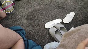 Mistress Fucks Her Slave Husband in the Ass with Her Feet and Rubs Her Juicy Pussy in Excitement