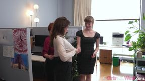 Hairy Busty Blonde Has Lesbian Threesome with Two Redheads in the Office