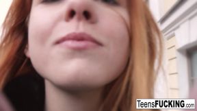 Pretty redhead gets her tight pussy filled with cock and cum