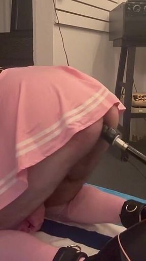 Sissy in Pink and Leathers in a Fit of Madness Completely Destroys Bum and Brain