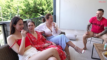 Backstage! Hey, I'm too Horny, suck my Cock! Teenagers fuck a Slutty Milf in the mouth before an outdoor orgy!