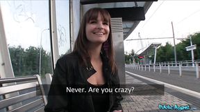 Babe's big natural boobs get a public fucking