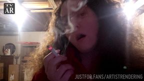 Curly haired brunette lovingly blows smoke in your face