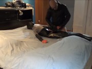 leather jacketed pantyhosed cowboy plays with his crop top dummy
