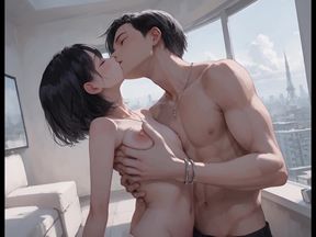 A Sensual Night Unfolds on the Top Floor of a Great-rise Apartment Building with a Beautiful Girl with Black Hair.