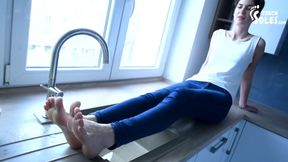 Sexy bare feet POV in the kitchen