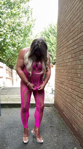 Sexy Crossdresser Kellycd2022's in Pink Fishnet Catsuit and Heels