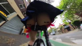 Exhibitionist Walking and Riding with Butt Plug, Red Garters and Dildo