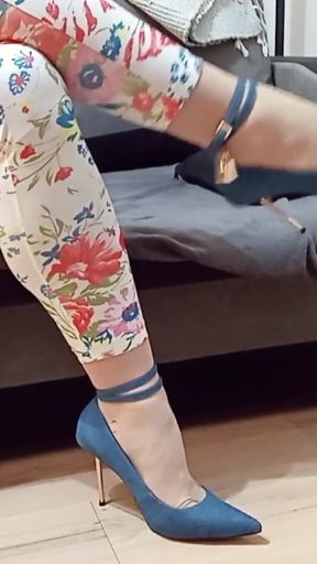 Crossdresser Dangling in Sexy Blue Jeans Pointed Toe High Heels Pumps with Ankle Strap