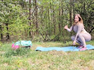 After hiking oudoor yoga in the woods