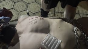 Needles on chest staples on cock and balls