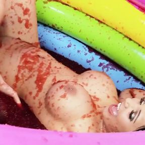 A pool of jello makes the British lesbians with big boobs want to wrestle in it