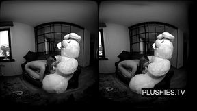 3D VR porn video, Lucy K sucking and jerking off teddy bear and receiving cum on tits
