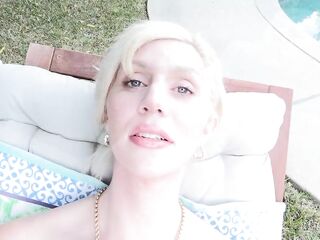 GROOBYGIRLS Blond Trans Woman Masturbates and Takes Anal Outdoors on Patio