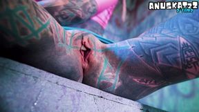 Dark Goth Babe with Full Sleeve Tats DP's Her Ass &amp; Pussy Solo - Sweaty Toy Fucking &amp; Ass-to-Mouth