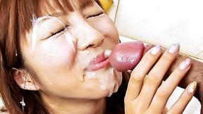 ”Sweet Risa Sakurai plays with her furry muff then takes on a cock & cream”