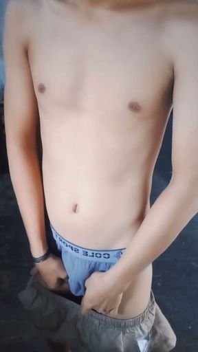 Asian Boy Masturbating in Warehouse